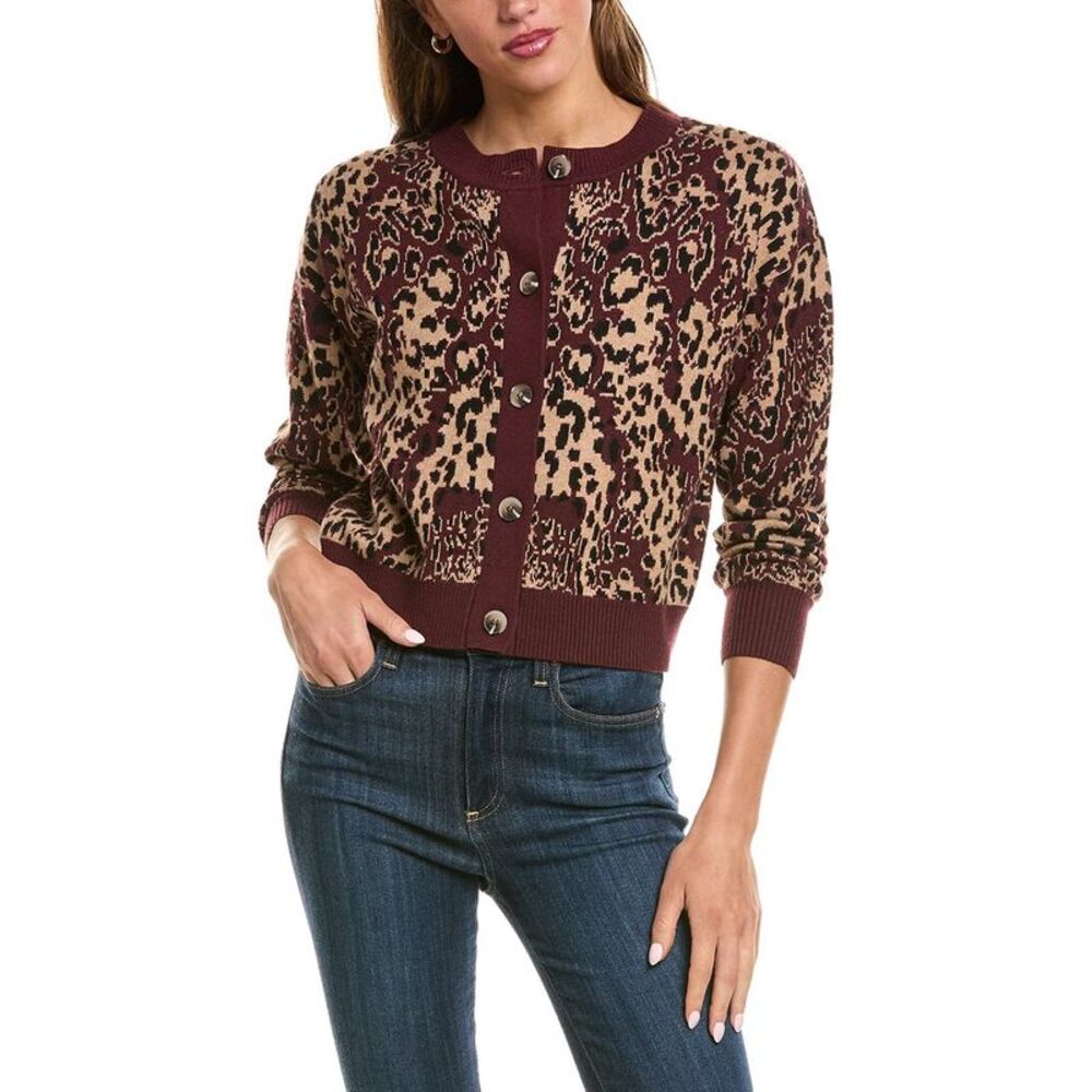 525 America Womens  Crewneck Leopard Cardigan, Red